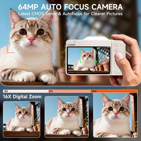 كاميرات رقمية بدقة 4K بدقة 64 ميجابكسل للتصوير الفوتوغرافي، وكاميرا تسجيل فيديو ذاتية التكبير 16X لليوتيوب مع شاشة قابلة للطي بزاوية 180 درجة، ومجموعة كاميرا سفر مدمجة للمبتدئين والمراهقين (بيج) in Kuwait