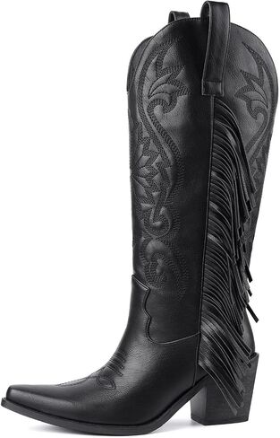 Cowgirl Boots Women Cowboy Boots Pointed Toe Chunky Heel Embroidered Fringe Pull on Wide-Calf Western Boot for Women in Saudi Arabia
