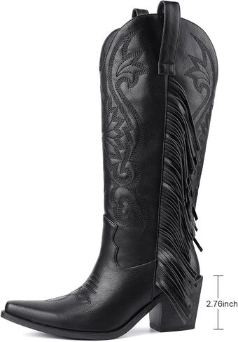 Cowgirl Boots Women Cowboy Boots Pointed Toe Chunky Heel Embroidered Fringe Pull on Wide-Calf Western Boot for Women in Saudi Arabia