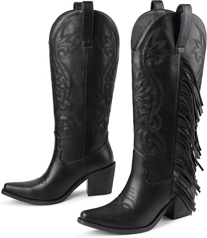 Cowgirl Boots Women Cowboy Boots Pointed Toe Chunky Heel Embroidered Fringe Pull on Wide-Calf Western Boot for Women in Saudi Arabia