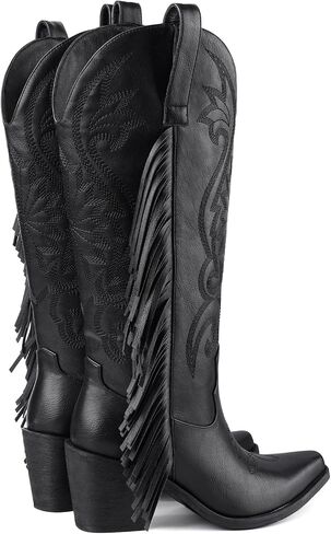 Cowgirl Boots Women Cowboy Boots Pointed Toe Chunky Heel Embroidered Fringe Pull on Wide-Calf Western Boot for Women in Saudi Arabia