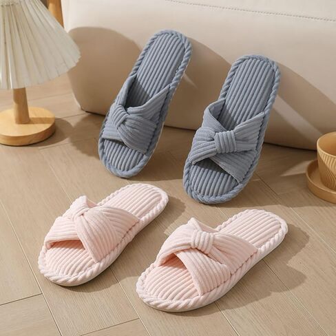 Women For House Slippers Bedroom Indoor And Outdoor Shoes Open Toe Slippers Anti Skid Sole Soft Comfort Corduroy Bow Slider in Saudi Arabia