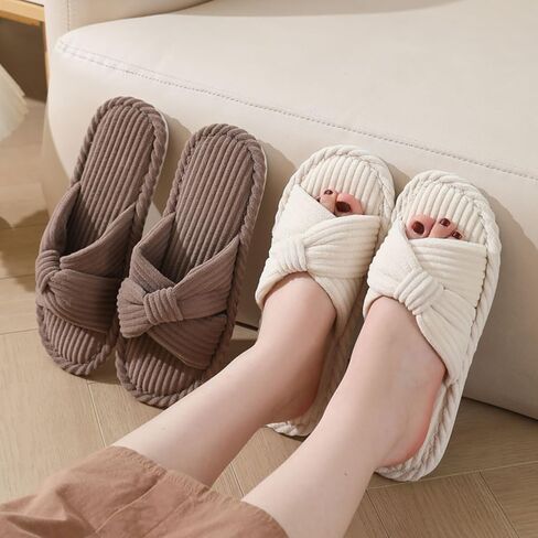 Women For House Slippers Bedroom Indoor And Outdoor Shoes Open Toe Slippers Anti Skid Sole Soft Comfort Corduroy Bow Slider in Saudi Arabia