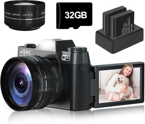 كاميرا رقمية، كاميرا تسجيل فيديو بدقة 4K بدقة 56 ميجابكسل لليوتيوب مع التركيز التلقائي، تكبير رقمي 16X، شاشة قلاب 3 بوصة 180 درجة مع واي فاي، بطاقة TF سعة 32 جيجابايت وبطاريتين (أسود) in Saudi Arabia