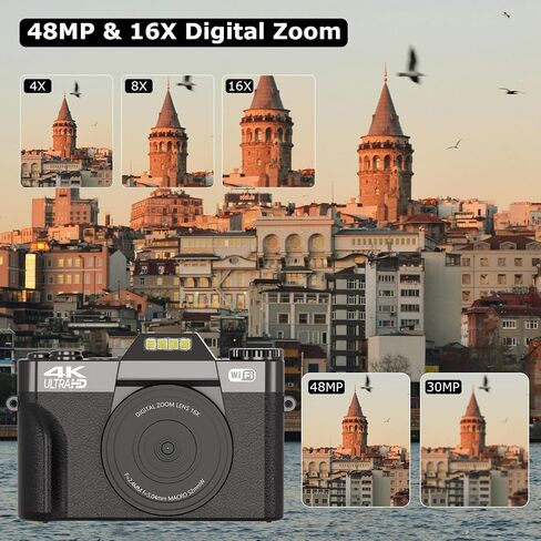 كاميرا رقمية، كاميرا تسجيل فيديو بدقة 4K بدقة 56 ميجابكسل لليوتيوب مع التركيز التلقائي، تكبير رقمي 16X، شاشة قلاب 3 بوصة 180 درجة مع واي فاي، بطاقة TF سعة 32 جيجابايت وبطاريتين (أسود) in Saudi Arabia