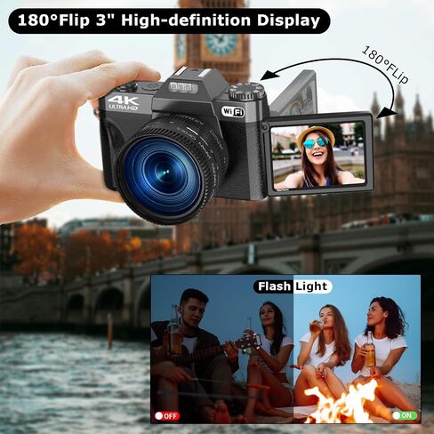 كاميرا رقمية، كاميرا تسجيل فيديو بدقة 4K بدقة 56 ميجابكسل لليوتيوب مع التركيز التلقائي، تكبير رقمي 16X، شاشة قلاب 3 بوصة 180 درجة مع واي فاي، بطاقة TF سعة 32 جيجابايت وبطاريتين (أسود) in Saudi Arabia