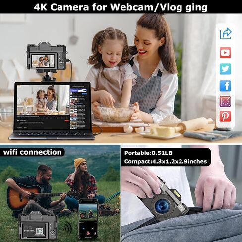 كاميرا رقمية، كاميرا تسجيل فيديو بدقة 4K بدقة 56 ميجابكسل لليوتيوب مع التركيز التلقائي، تكبير رقمي 16X، شاشة قلاب 3 بوصة 180 درجة مع واي فاي، بطاقة TF سعة 32 جيجابايت وبطاريتين (أسود) in Saudi Arabia