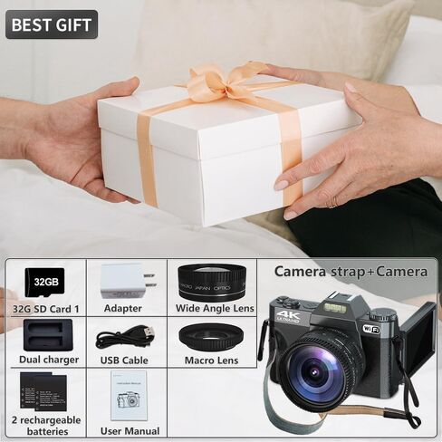 كاميرا رقمية، كاميرا تسجيل فيديو بدقة 4K بدقة 56 ميجابكسل لليوتيوب مع التركيز التلقائي، تكبير رقمي 16X، شاشة قلاب 3 بوصة 180 درجة مع واي فاي، بطاقة TF سعة 32 جيجابايت وبطاريتين (أسود) in Saudi Arabia