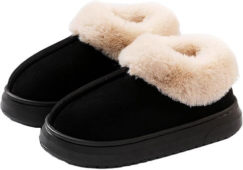 Fuzzy Collar Warm Shoes for Women and Men, Non-slip Fluff Memory Foam Closed-back Winter Slippers, Faux Wool Outdoor Indoor House Shoes in Saudi Arabia