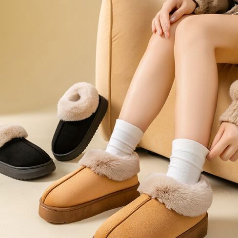 Fuzzy Collar Warm Shoes for Women and Men, Non-slip Fluff Memory Foam Closed-back Winter Slippers, Faux Wool Outdoor Indoor House Shoes in Saudi Arabia