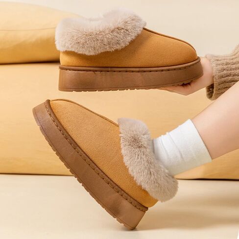 Fuzzy Collar Warm Shoes for Women and Men, Non-slip Fluff Memory Foam Closed-back Winter Slippers, Faux Wool Outdoor Indoor House Shoes in Saudi Arabia