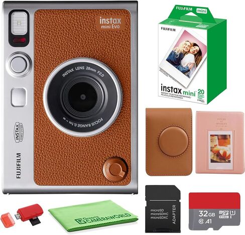 حزمة كاميرا FUJIFILM INSTAX MINI EVO Hybrid الفورية (بني) مع حزمة قيمة لفيلم Fuji Instax-Mini-Instant (20 ورقة) + بطاقة ذاكرة 32 جيجابايت + حقيبة حمل + ألبوم صور 64 جيبًا + قطعة قماش للتنظيف in Saudi Arabia