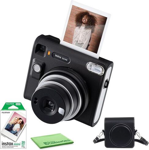 حزمة كاميرا Fujifilm Instax Square SQ40 الفورية باللون الأسود مع حزمة قيمة لفيلم Fuji Instax (20 صورة) + حقيبة حمل + قطعة قماش للتنظيف in Saudi Arabia