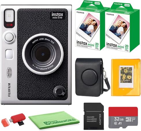 حزمة كاميرا FUJIFILM INSTAX MINI EVO Hybrid الفورية (أسود) مع حزمة قيمة لفيلم Fuji Instax-Mini-Instant (40 ورقة) + بطاقة ذاكرة 32 جيجابايت + حقيبة حمل + ألبوم صور 64 جيبًا + قطعة قماش للتنظيف in Saudi Arabia