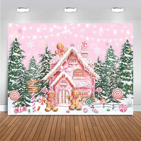 Mocsicka 7x5ft Christmas Gingerbread House Backdrop Banner Pink Candy House Xmas Tree Background Winter Merry Christmas Gingerbread Banner Party Decorations Photo Booth Props ﻿ in Saudi Arabia