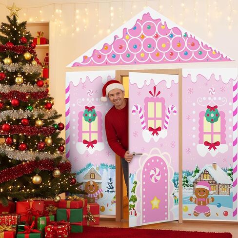4 Pcs Christmas Gingerbread House Decorations Backdrop Set Pink Gingerbread Door Covers Backdrop Xmas Wall Decor Christmas Door Banner Background for Home Office Holiday Party Supplies Decor in Saudi Arabia