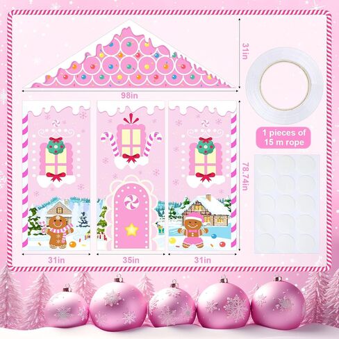4 Pcs Christmas Gingerbread House Decorations Backdrop Set Pink Gingerbread Door Covers Backdrop Xmas Wall Decor Christmas Door Banner Background for Home Office Holiday Party Supplies Decor in Saudi Arabia