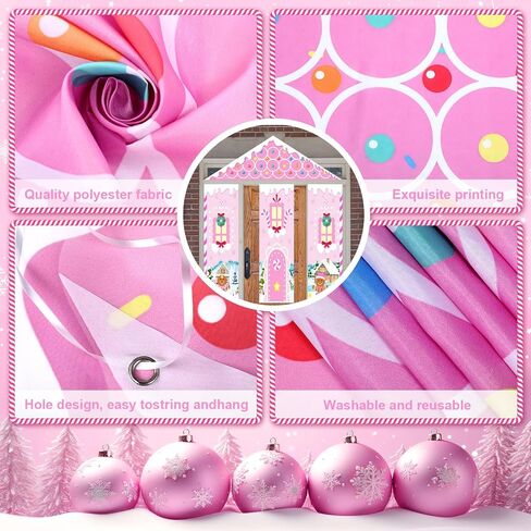 4 Pcs Christmas Gingerbread House Decorations Backdrop Set Pink Gingerbread Door Covers Backdrop Xmas Wall Decor Christmas Door Banner Background for Home Office Holiday Party Supplies Decor in Saudi Arabia