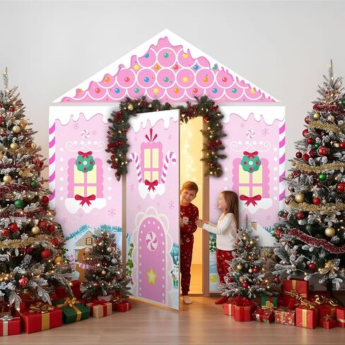 4 Pcs Christmas Gingerbread House Decorations Backdrop Set Pink Gingerbread Door Covers Backdrop Xmas Wall Decor Christmas Door Banner Background for Home Office Holiday Party Supplies Decor in Saudi Arabia