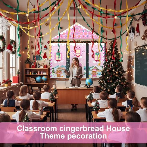 4 Pcs Christmas Gingerbread House Decorations Backdrop Set Pink Gingerbread Door Covers Backdrop Xmas Wall Decor Christmas Door Banner Background for Home Office Holiday Party Supplies Decor in Saudi Arabia