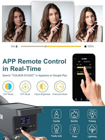 Continuous LED Video Light, Colbor CL100 100W 2700-5600K Bowens Mount Bi-Colored APP Cotrol CRI 97+ 10123Lux @3.28ft with Standard Refelctor for YouTube Studio in Kuwait