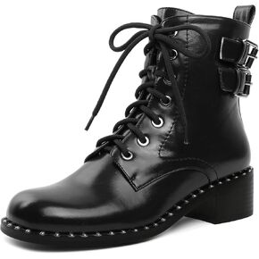 Women's Chunky Combat Boots Lace Up Ankle Booties with Buckle Straps Studded Low Block Heel Casual Short Boots in Saudi Arabia