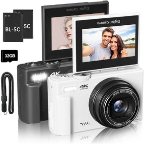 كاميرا رقمية بدقة 4K للتصوير الفوتوغرافي، وكاميرا تسجيل فيديو بدقة 64 ميجابكسل لليوتيوب مع شاشة قابلة للطي 3 بوصات بزاوية 180 درجة، ونقطة تكبير رقمية 18X وكاميرا تصوير مع بطاقة Micro SD سعة 32 جيجابايت (أسود + أبيض) in Kuwait