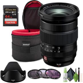 عدسة FUJIFILM XF مقاس 16-55 مم f/2.8 R LM WR II + مجموعة مرشحات احترافية مكونة من 3 قطع، 72 مم UV/CPL/F + مجموعة تنظيف + بطاقة SanDisk SecureDigital Extreme PRO سعة 64 جيجابايت SDXC UHS-I C10,U3,V30 بسرعة 200 ميجابايت/ثانية + حافظة عدسة in Kuwait