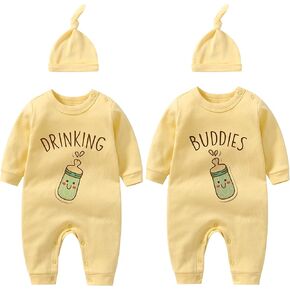 YSCULBUTOL Baby Twins Bodysuits Drinking Buddies Newborn Infant Clothes Unisex Twin Romper Outfits With Hat in Saudi Arabia