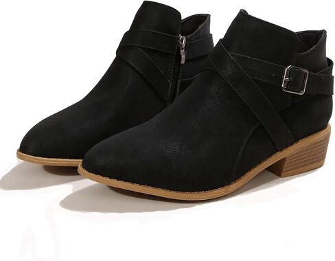 Women's Leather Buckle Strap Chunky Heel Ankle Boots with Side Zipper Fashion Comfortable Round Toe Low Stacked Heel Booties for Daily Casual Work Short Boots in Saudi Arabia