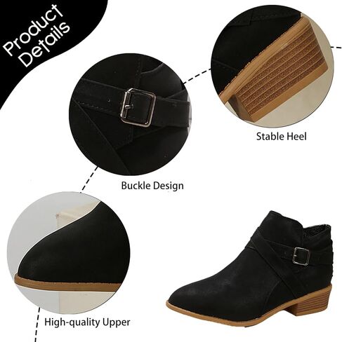 Women's Leather Buckle Strap Chunky Heel Ankle Boots with Side Zipper Fashion Comfortable Round Toe Low Stacked Heel Booties for Daily Casual Work Short Boots in Saudi Arabia