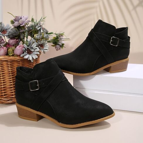Women's Leather Buckle Strap Chunky Heel Ankle Boots with Side Zipper Fashion Comfortable Round Toe Low Stacked Heel Booties for Daily Casual Work Short Boots in Saudi Arabia