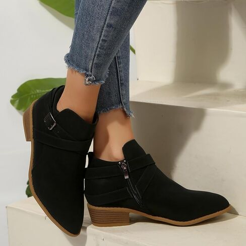 Women's Leather Buckle Strap Chunky Heel Ankle Boots with Side Zipper Fashion Comfortable Round Toe Low Stacked Heel Booties for Daily Casual Work Short Boots in Saudi Arabia