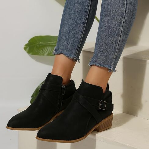 Women's Leather Buckle Strap Chunky Heel Ankle Boots with Side Zipper Fashion Comfortable Round Toe Low Stacked Heel Booties for Daily Casual Work Short Boots in Saudi Arabia