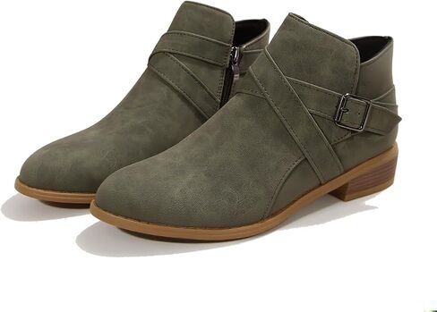 Women's Leather Buckle Strap Chunky Heel Ankle Boots with Side Zipper Fashion Comfortable Round Toe Low Stacked Heel Booties for Daily Casual Work Short Boots in Saudi Arabia