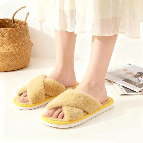 Slippers for Women Fluffy Cross Band Open Toe Memory Foam Slippers Non-slip House Slippers Cozy Soft Bedroom Hospital Spa Indoor Outdoor Slides in Saudi Arabia