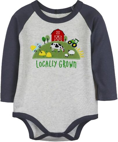 John Deere Gray Locally Grown Long Sleeve Bodysuit Barn Cow Tractor Sizes 3/6, 6/9, 9/12 Months in Saudi Arabia