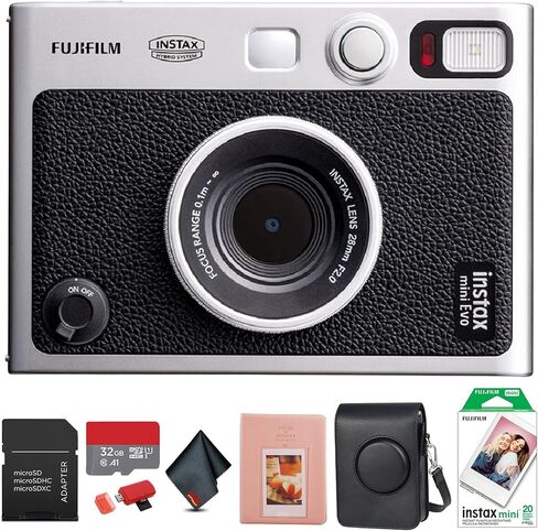 حزمة كاميرا FUJIFILM INSTAX MINI EVO Hybrid الفورية (أسود) مع 20 ورقة فيلم فورية + بطاقة ذاكرة 32 جيجابايت + حقيبة حمل + ألبوم صور 64 جيبًا + قطعة قماش للتنظيف من الألياف الدقيقة in Saudi Arabia
