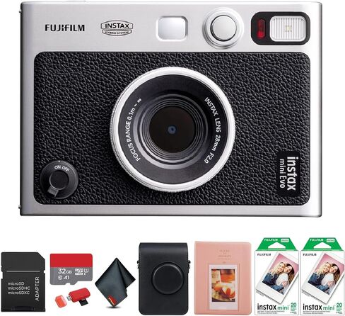 حزمة كاميرا FUJIFILM INSTAX MINI EVO Hybrid الفورية (أسود) مع 40 ورقة فيلم فورية + بطاقة ذاكرة 32 جيجابايت + حقيبة حمل + ألبوم صور 64 جيبًا + قطعة قماش للتنظيف من الألياف الدقيقة in Saudi Arabia