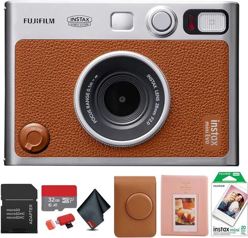 FUJIFILM INSTAX MINI EVO Hybrid Instant Camera (Brown) Bundle with 20 Instant Film Sheets + 32GB Memory Card + Carrying Case + Photo Album 64 Pockets + Microfiber Cleaning Cloth in Saudi Arabia