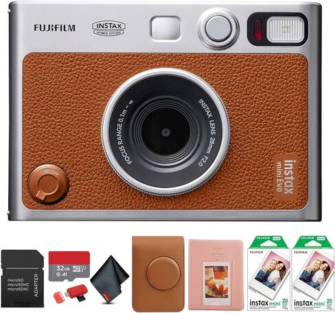 FUJIFILM INSTAX MINI EVO Hybrid Instant Camera (Brown) Bundle with 40 Instant Film Sheets + 32GB Memory Card + Carrying Case + Photo Album 64 Pockets + Microfiber Cleaning Cloth in Saudi Arabia