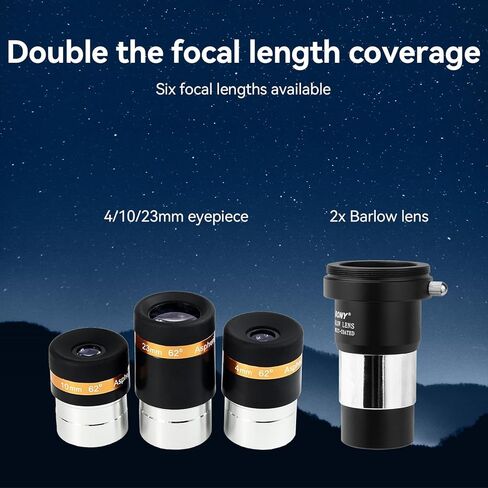 SVBONY 62 Degrees Telescope Eyepieces 4mm 10mm 23mm and 2X Barlow Wide Angle Aspheric Telescope Eyepiece Set Bundle with 40mm 1.25 inches Plossl Lens 40 Degree Field for Astronomical Observation in Saudi Arabia