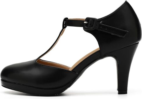 حذاء نسائي بكعب عالٍ وكعب قصير عند الأصابع وحزام على شكل حرف T من Mary Jane مريح للعمل في المكتب in Kuwait