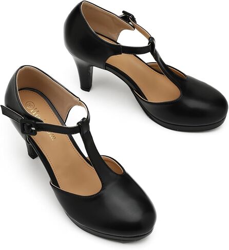 حذاء نسائي بكعب عالٍ وكعب قصير عند الأصابع وحزام على شكل حرف T من Mary Jane مريح للعمل في المكتب in Kuwait