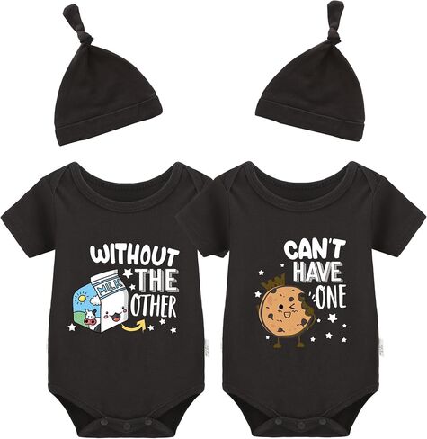 YSCULBUTOL Baby Twins Bodysuits Cookie Milk Infant Baby Clothes Unisex Twin Baby Romper Cute Outfits With Hat in Saudi Arabia