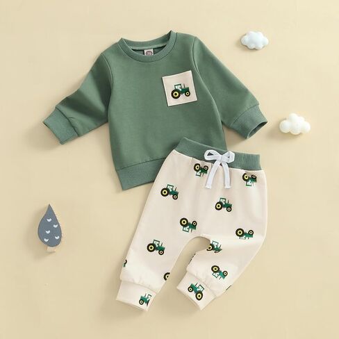 Baby Boy Fall Clothes Cute Farm Trucks Toddler Outfit Long Sleeve Pullover Sweatshirt Top Jogger Pants Set in Saudi Arabia