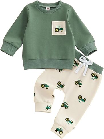 Baby Boy Fall Clothes Cute Farm Trucks Toddler Outfit Long Sleeve Pullover Sweatshirt Top Jogger Pants Set in Saudi Arabia