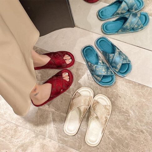 Premium Luxury Satin Silk Embroidery All Seasons Comfort Women's House Slippers Non Slip Indoor Soft Home Slip On Shoes in Saudi Arabia