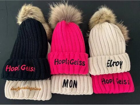 Personalized Custom Embroidery Text Women Winter Pompom Beanie Hat with Name Kids Baby Boy Girls Warm Child Knit Cap White, One Size in Saudi Arabia