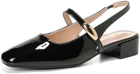 حذاء نسائي ماري جين بكعب منخفض مكتنز حذاء مفتوح من الخلف مغلق بمقدمة مربعة من الجلد اللامع لحفلات الزفاف والمكتب in Kuwait